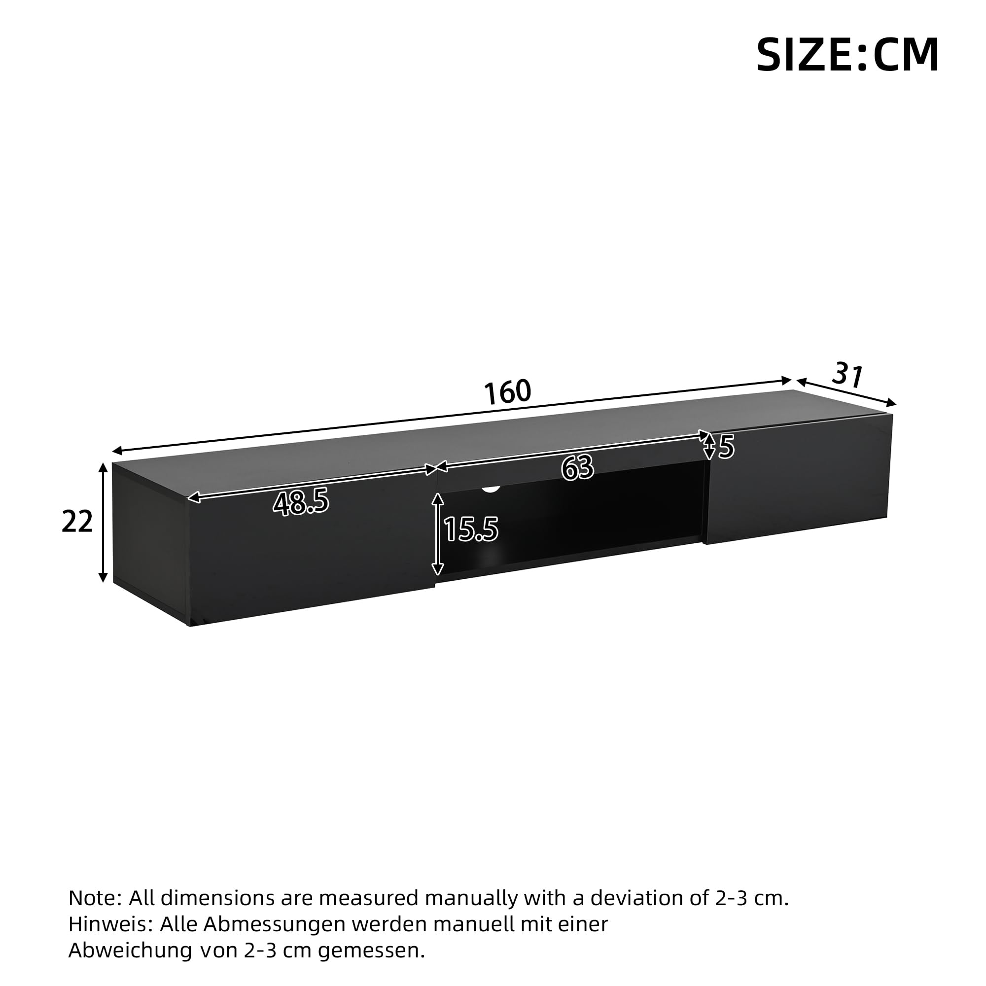 Szafka pod telewizor o przekątnej 70", wisząca szafka pod telewizor z oświetleniem LED i sterowaniem za pomocą aplikacji, czarna, wysoki połysk, 160 cm, miejsce do przechowywania, zarządzanie
