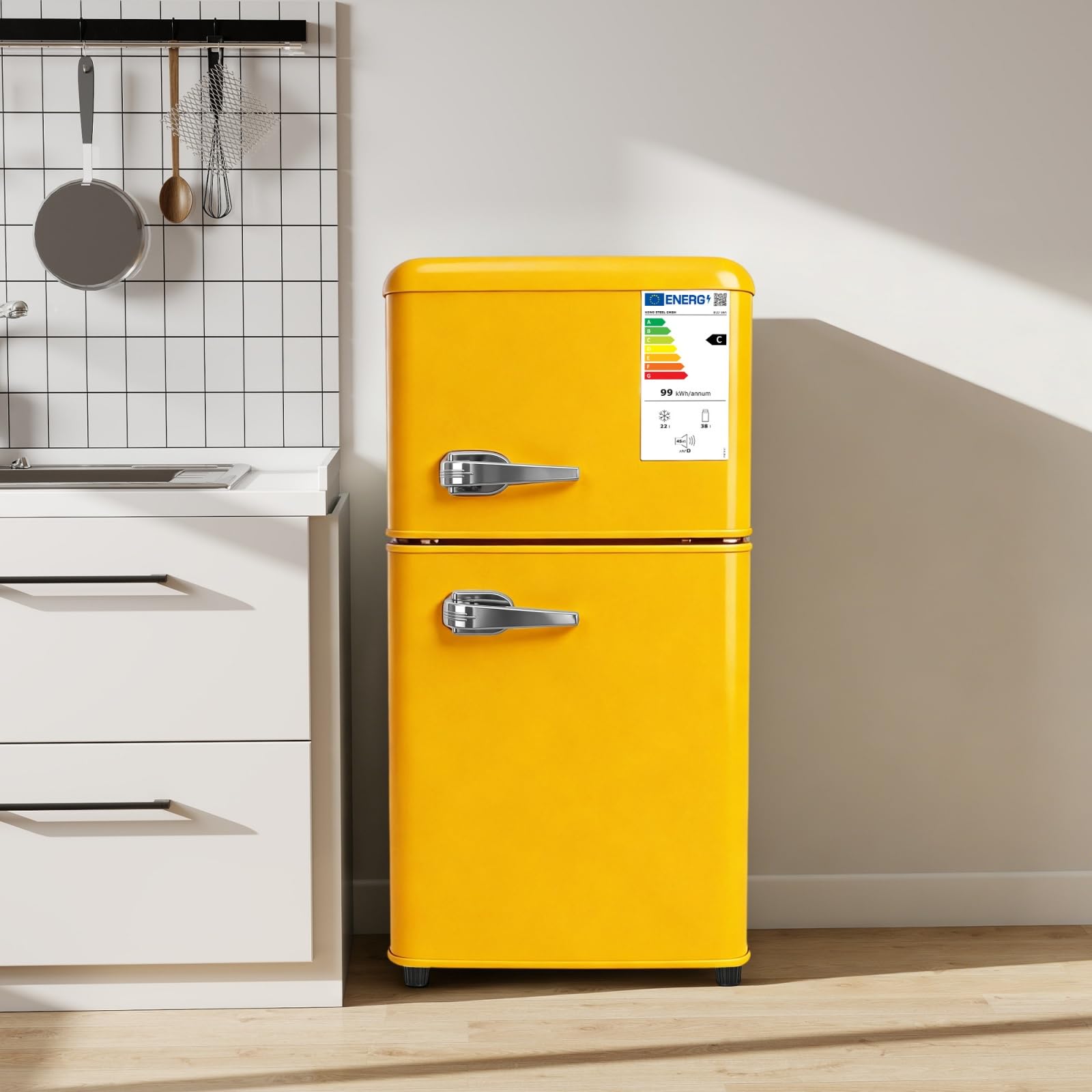 Mini Frigo Congélateur Combiné 2 Portes 60 L Compact 41 cm (Jaune) | -18°C freezer, 45 dB silencieux, 7 niveaux 0-10°C, LED, étagères réglables, pour Chambre, Bureau et Salon, 41×45×89 cm