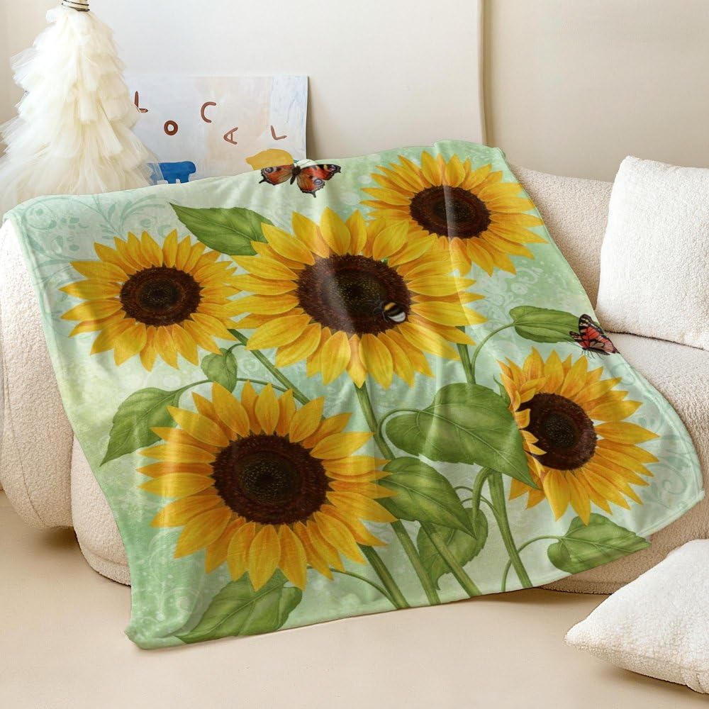 Couverture en flanelle tournesol 180x200 cm grand plaid chaud de style campagne pour le salon