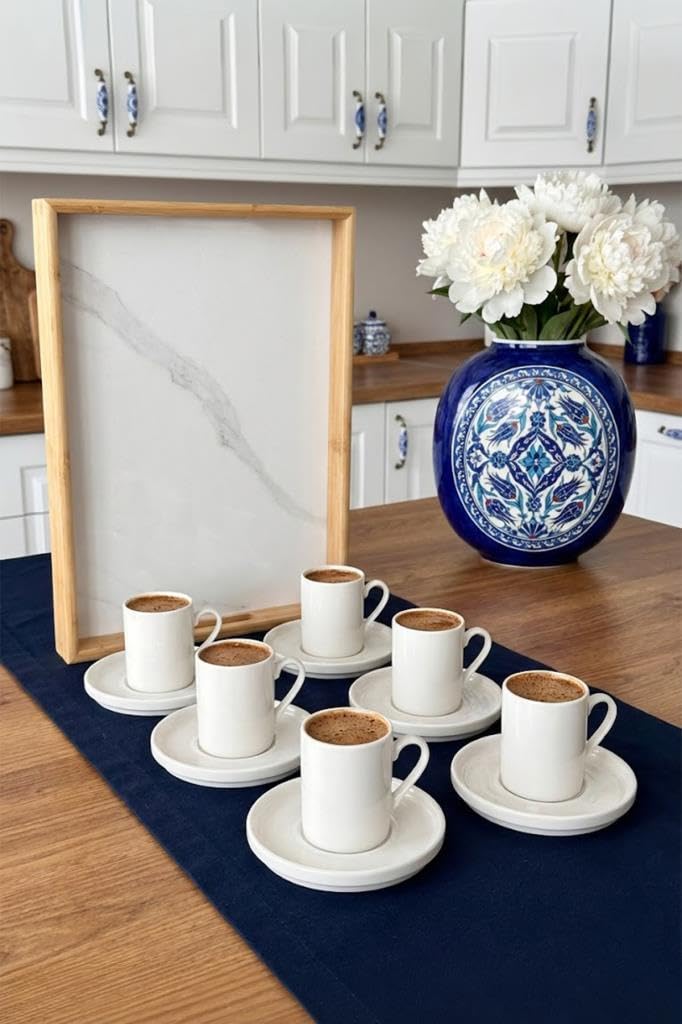 Atbyhome Aden Bambu Beyaz Tepsili 6 Kişilik Türk Kahvesi Fincan Takımı Seti