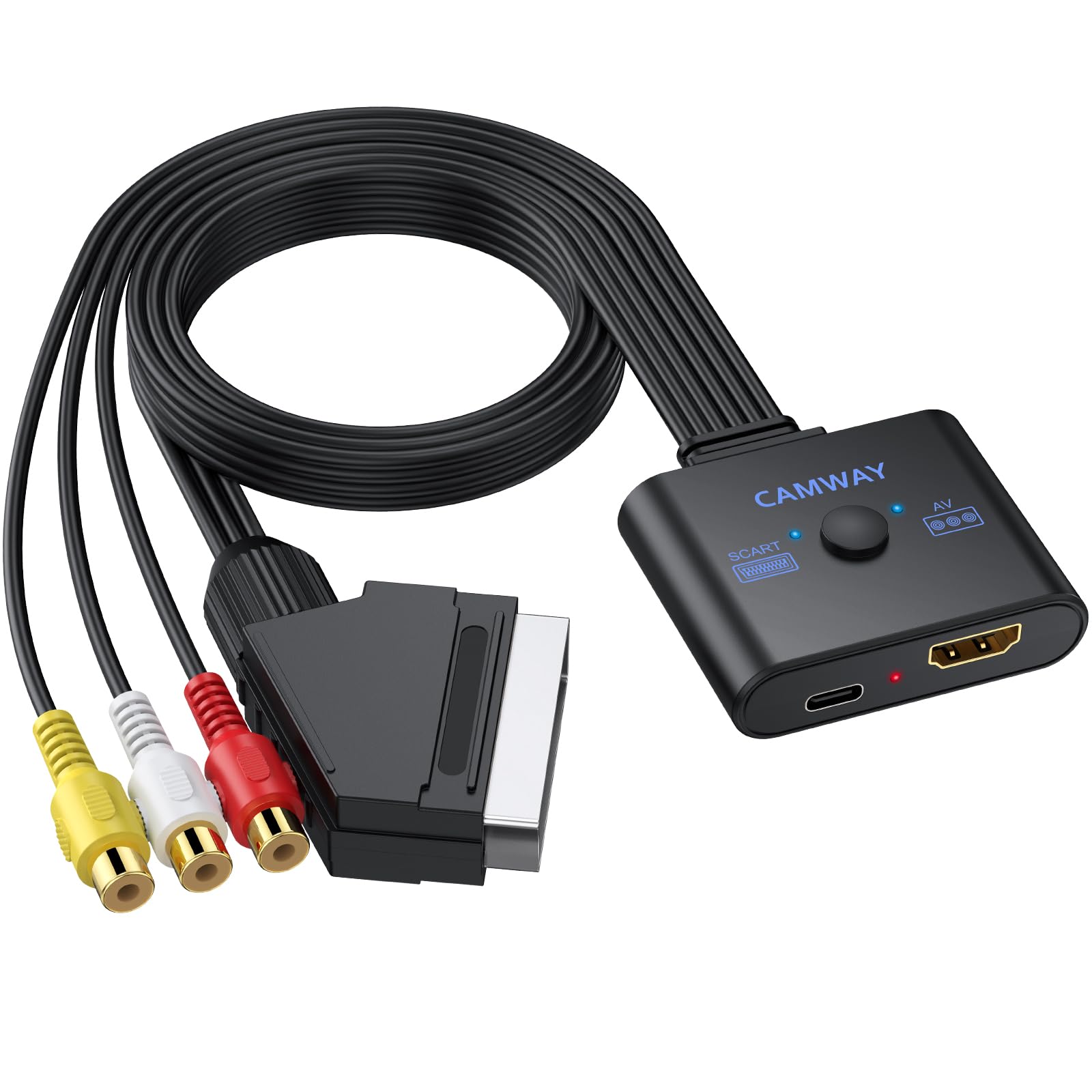 CAMWAY RCA auf HDMI Konverter, AV zu HDMI Adapter 16:9/4:3 Konvertierung 1080P Composite Cinch Video Audio Adapter, AV Adapter Unterstützt PAL/NTSC für Wii/PS1/PS2/N64/Xbox/DVD/VCR