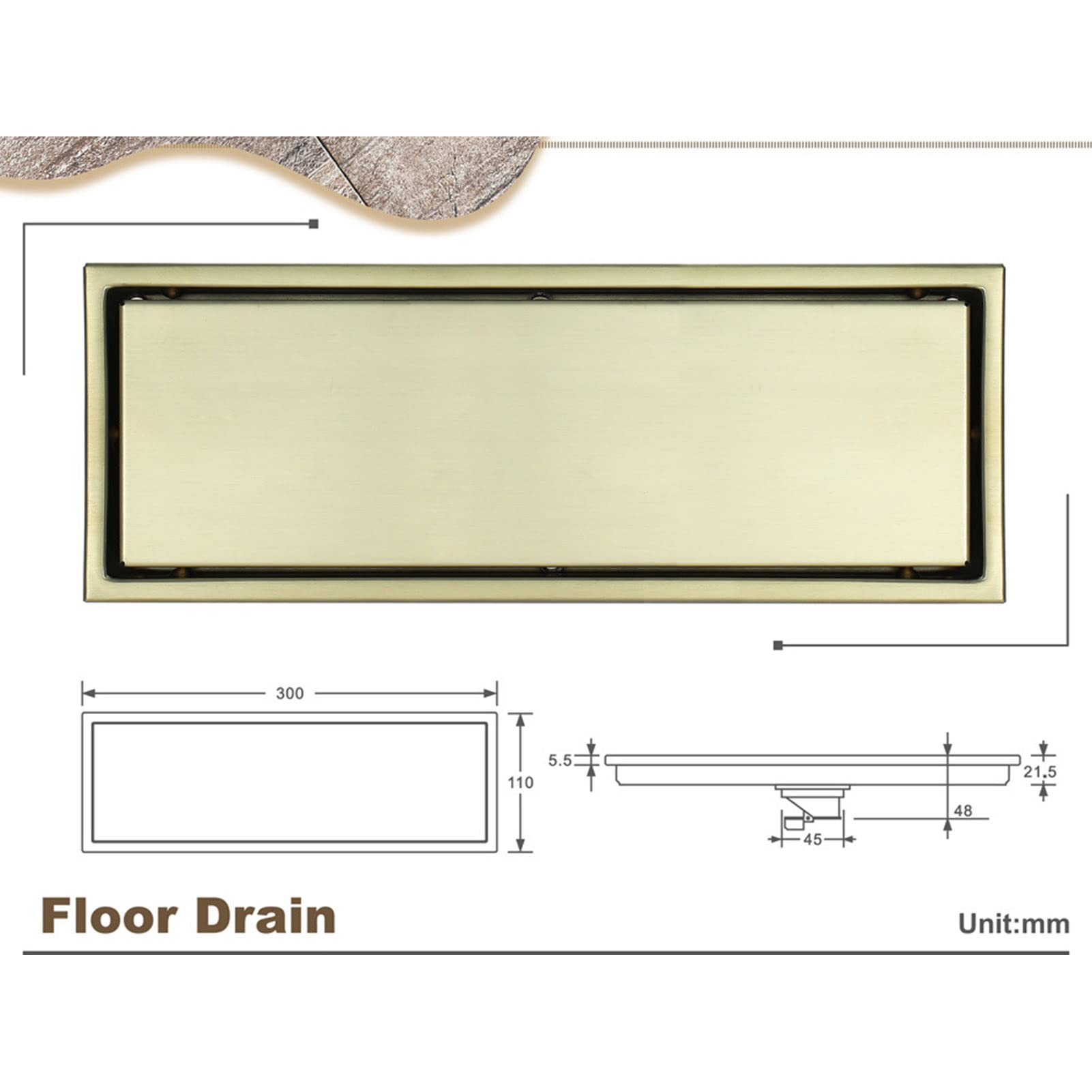 Desagüe Lineal De Ducha De Baño De Acero Inoxidable 304, Desagüe De Ducha De Baño Invisible Anti-Obstrucción Antiolor 300 × 110 Mm