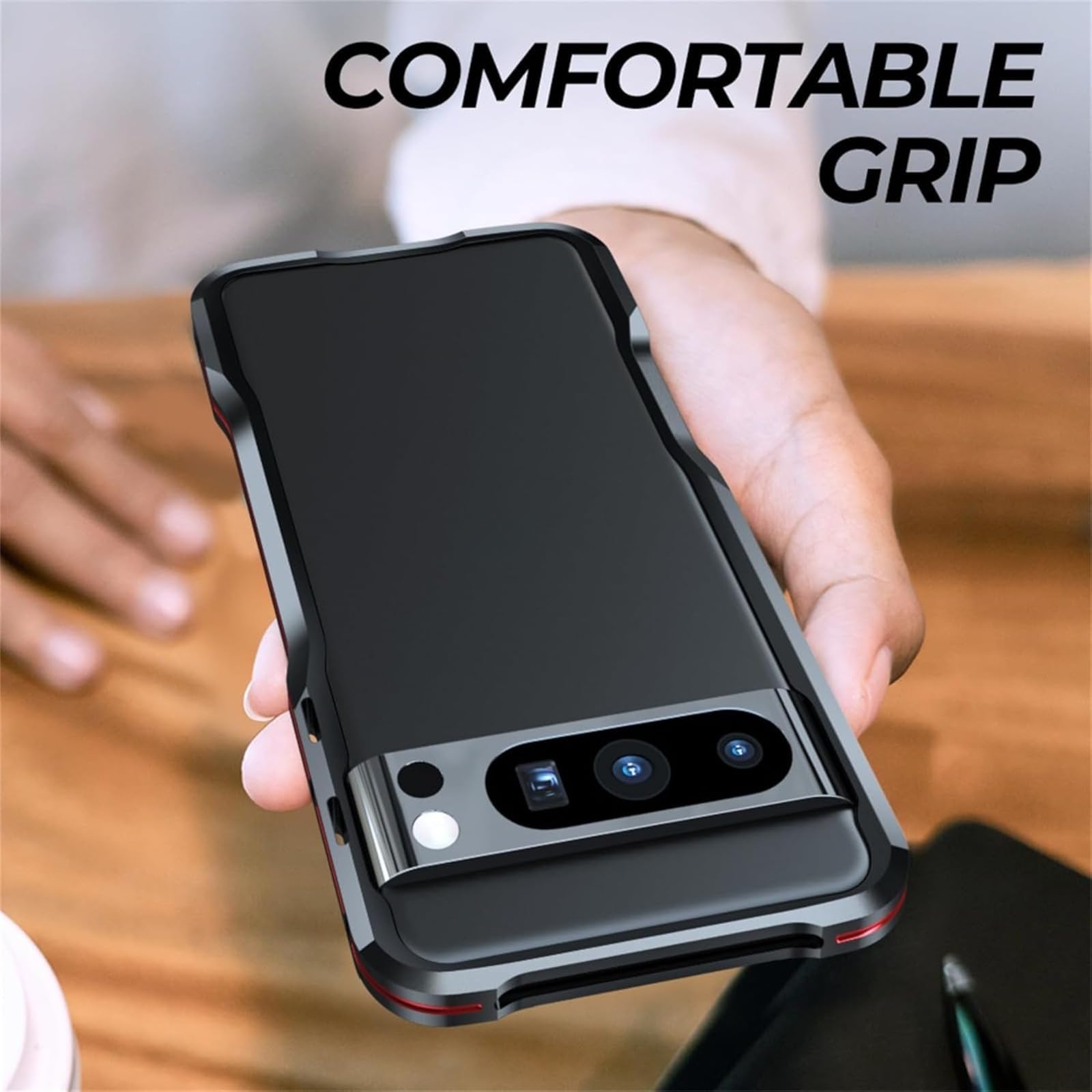 Coque Bumper Métallique pour Google Pixel 8, Cadre en Alliage d’Aluminium avec TPU Souple, Dos Ouvert pour Dissipation Thermique, Protection Fine des Bords avec Boutons Métal, Red