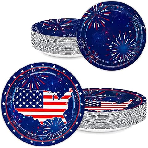ECOHOLA 4th of July Patriotic Party Supplies, 100 Pcs of Disposable 9'' and 7'' Plates American Freedom Fireworks for Independence Day Election Day Party Patriotic Event Decorations Cover
