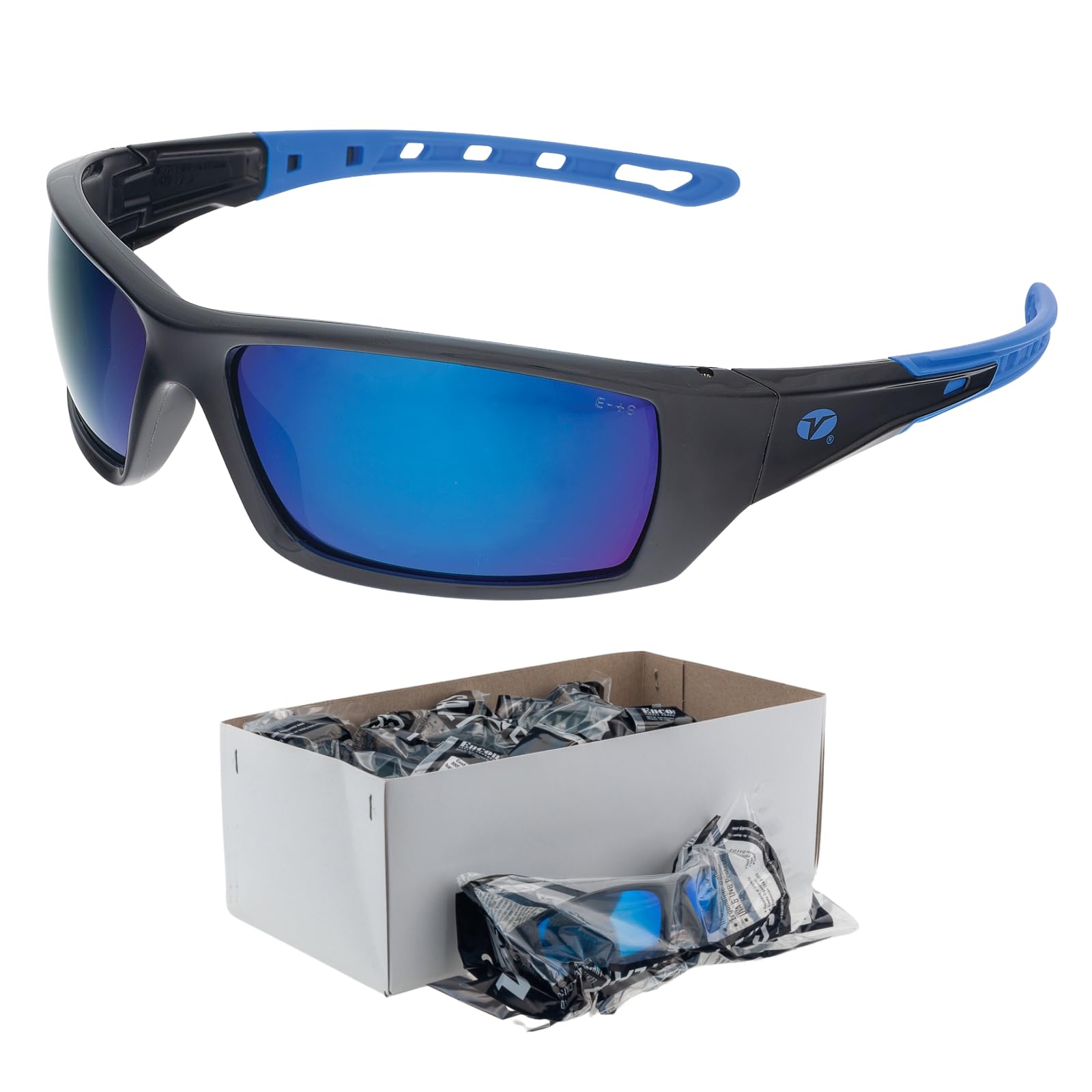 Veratti Spectrum Safety Glasses, 12 Pack, Polarized Blue Mirror Lens, Anti-Fog, Black/Blue Frame, ANSI Z87.1