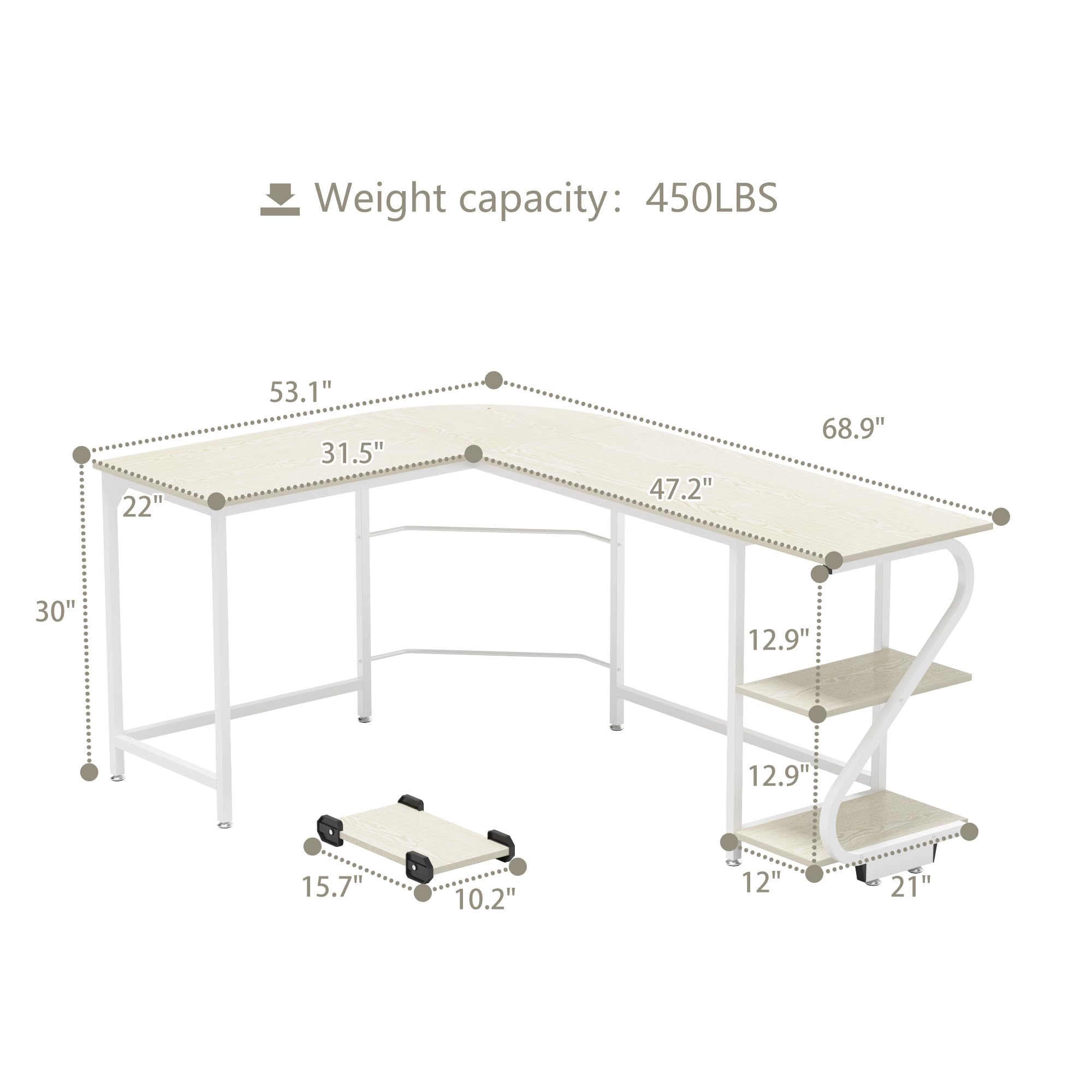 Weehom - Computadora Reversible Con Forma De L Con Almacenamiento En El Hogar, Juegos De Oficina, Mesa De Esquina Para Espacio Pequeño, Color Blanco Y Dorado