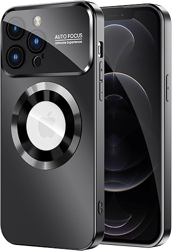 Funda magnética para iPhone 12 Pro, compatible con MagSafe, protector de lente de cámara integrado, vista de logotipo, funda de teléfono a prueba de