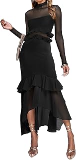 Women's Elegant Bodycon Maxi Dress Mock Neck Long Sleeve Ruffle Mesh Party Cocktail Formal Wedding Guest Dresses
