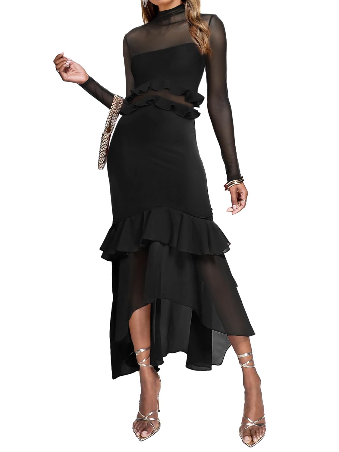 Aisbei Womens Elegant Bodycon Maxi Dress Mock Neck Long Sleeve Ruffle Mesh Party Cocktail Formal Wedding Guest Dresses