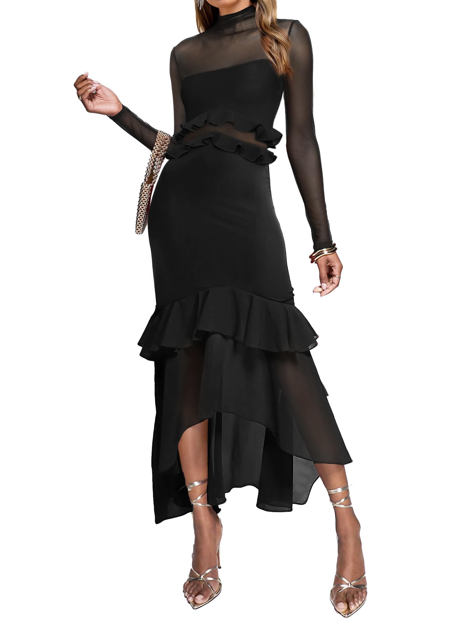 Aisbei Womens Elegant Bodycon Maxi Dress Mock Neck Long Sleeve Ruffle Mesh Party Cocktail Formal Wedding Guest Dresses