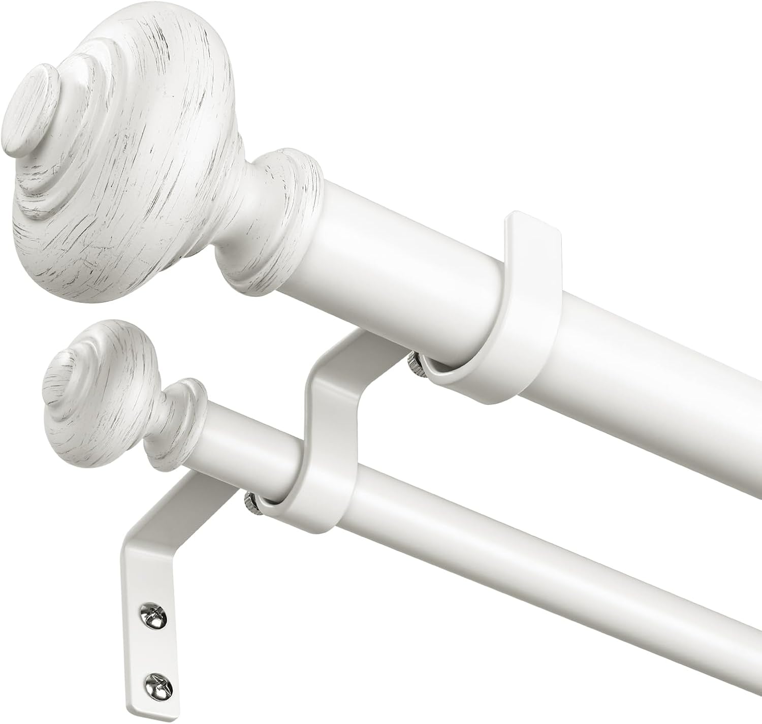White Double Curtain Rods for Windows 36 to 72 inch, Farmhouse Vintage Decorative 1 Inch Adjustable Dual Curtain Rod, Heavy Duty Boho Double Drapery Pole with Antique White Grain Finials White 36-72