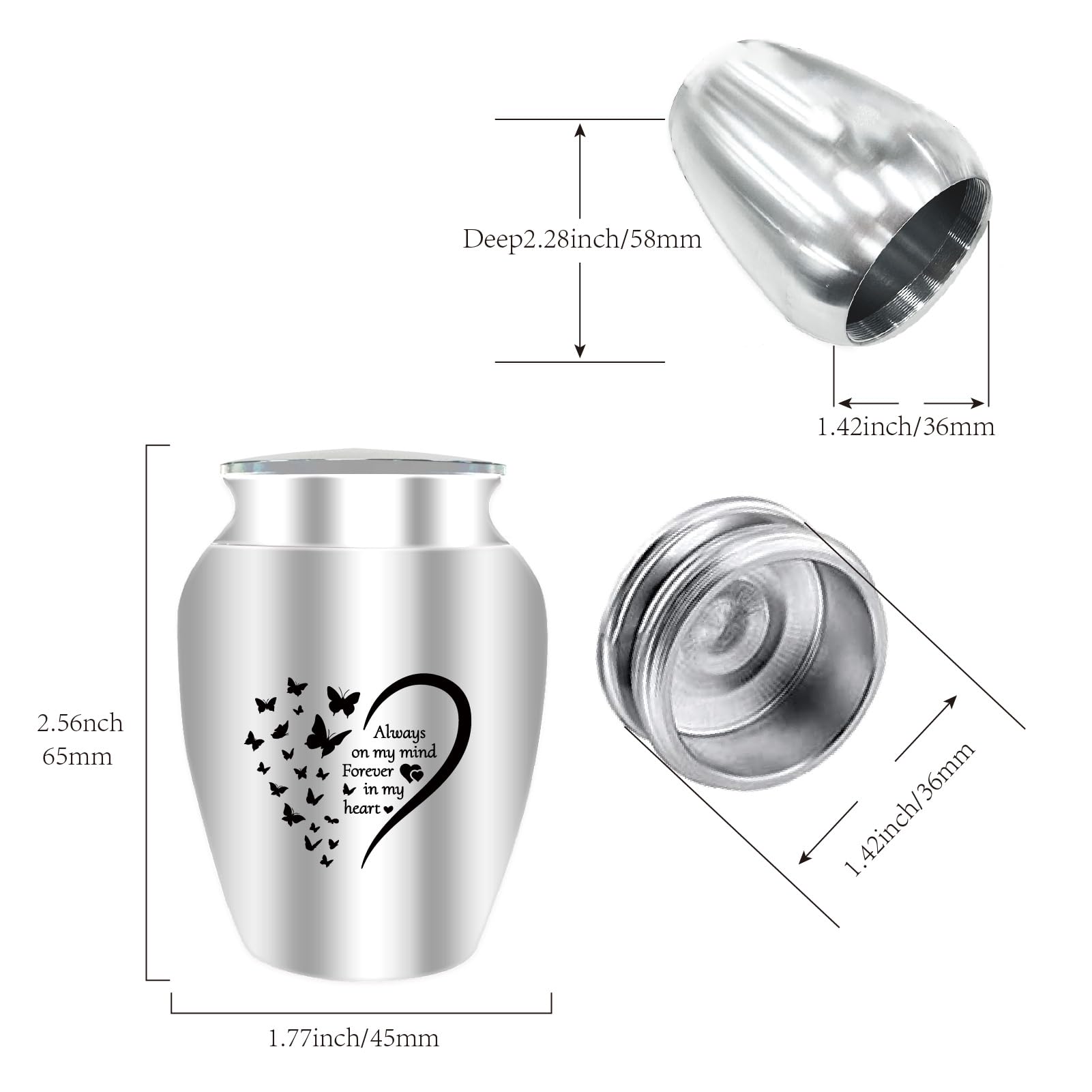 CREATCABIN Small Urn for Ashes Butterfly Mini Urn for Ashes Aluminum Ashes Holder Funeral Cremation Engraved Word with Velvet Bag Memorial Gift for Mom Dad Family 2.6x1.8 Inch Forever in My Heart - Image 2