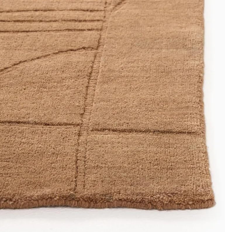 Hand Tufted Wool Area Rug, Sculpted Geometric Textured Design in Warm Camel Brown, Rectangular, Modern Minimalist Carpet for Living Room, Bedroom, Office