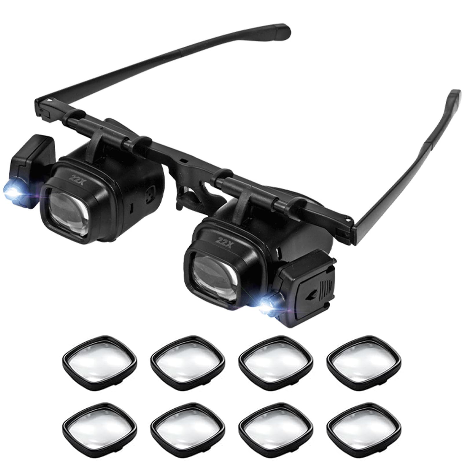Head-Mounted Magnifier with LED Light, LED Head Magnifier with 8 Interchangeable Lenses 2X 6X 10X 24X, Hands Free Headband Magnifying Glasses for Close Work, Crafts, Jewelry, Electronics Repair