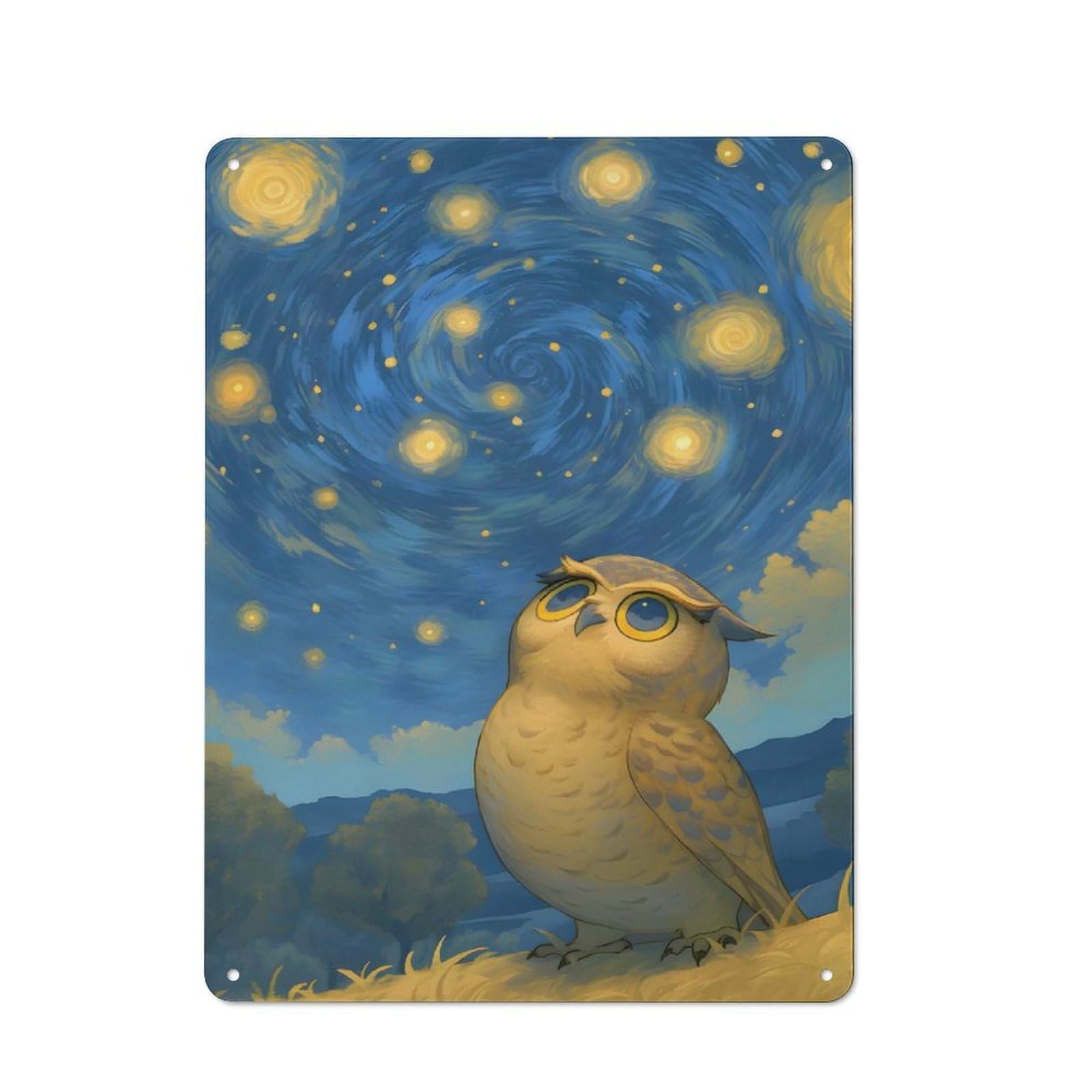 Junmoney Owl Under Starry Night Sky Clean Industrial Decorative Metal Plaque 40X30cm, Loft Wall Plaque For Modern Home, Workshop, Office Or Cafe