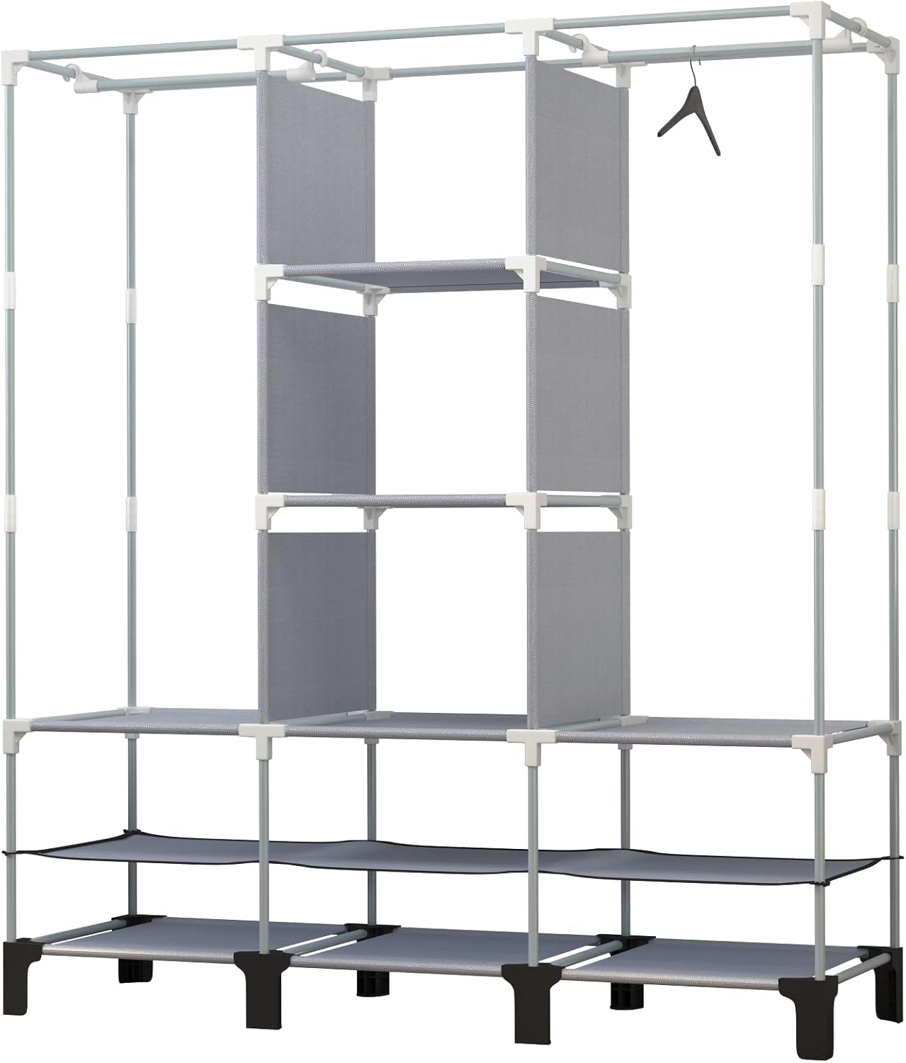 Portable Wardrobe with 10 Storage Racks and 2 Hanging Poles, 6 Side Pockets Non-Woven Cover, Size 130 x 45 x 172 cm, Bedroom Closet Organizer (Gray)