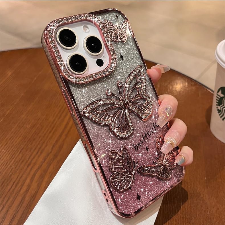 Diamond 3D Butterfly Glitter Case for iPhone 16 15 14 13 12 Pro Max Plating Gradient Transparent Cute Women Girl's Bling Cover (Silver,for iPhone 15 Pro Max)
