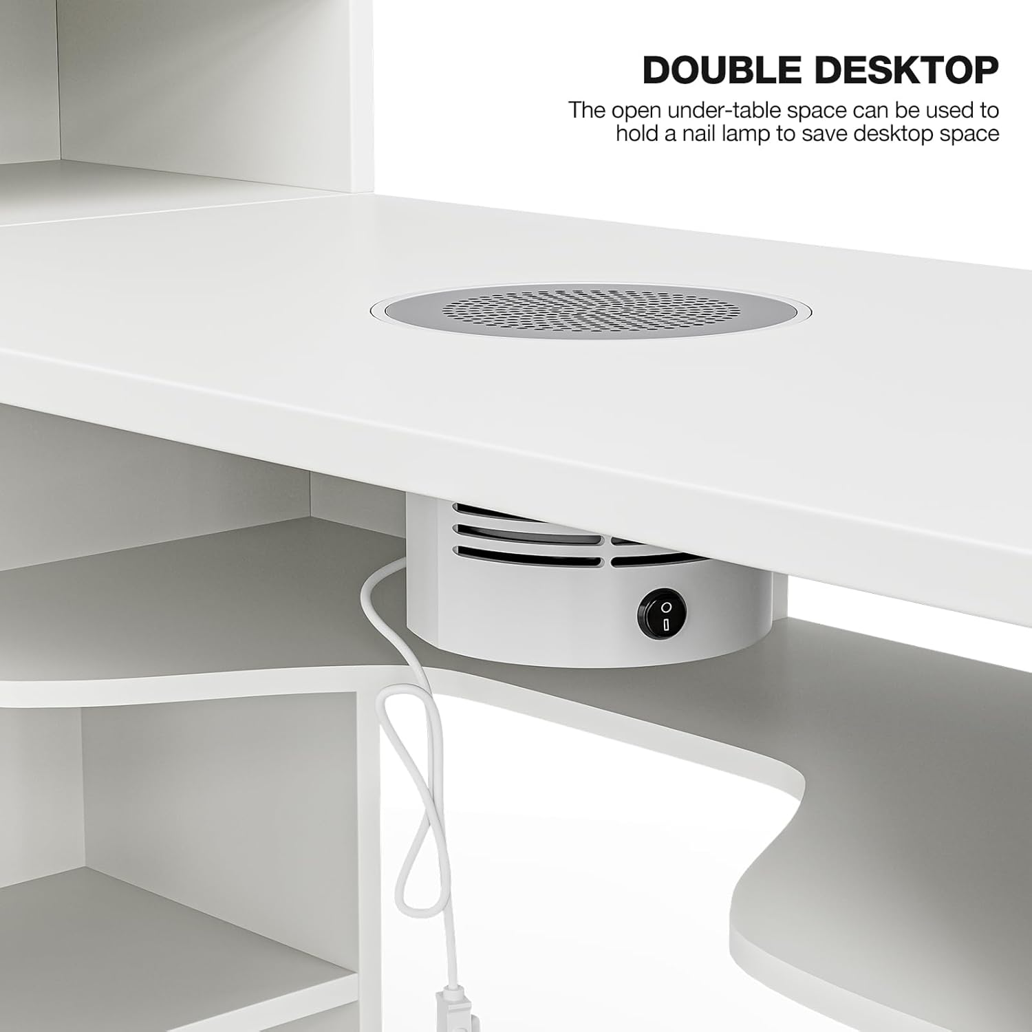 Paddie L-Shaped Manicure Table Nail Station with Shelves, Nail Tech Table Nail Table Station w/Dust Collector, Storage Cabinets, Drawers, Metal Handles & Legs(White)