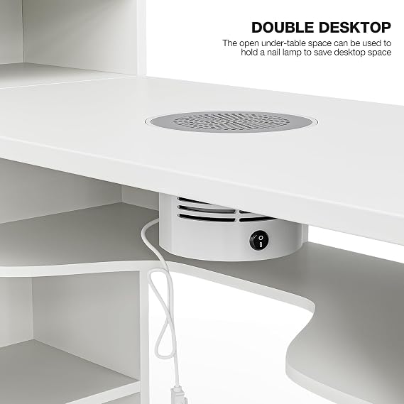 Paddie L-Shaped Manicure Table Nail Station with Shelves, Nail Tech Table Nail Table Station w/Dust Collector, Storage Cabinets, Drawers, Metal Handles & Legs(White)