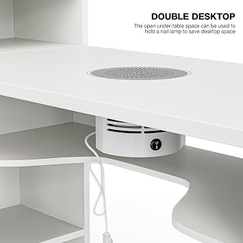 Paddie L-Shaped Manicure Table Nail Station with Shelves, Nail Tech Table Nail Table Station w/Dust Collector, Storage Cabinets, Drawers, Metal Handles & Legs(White)