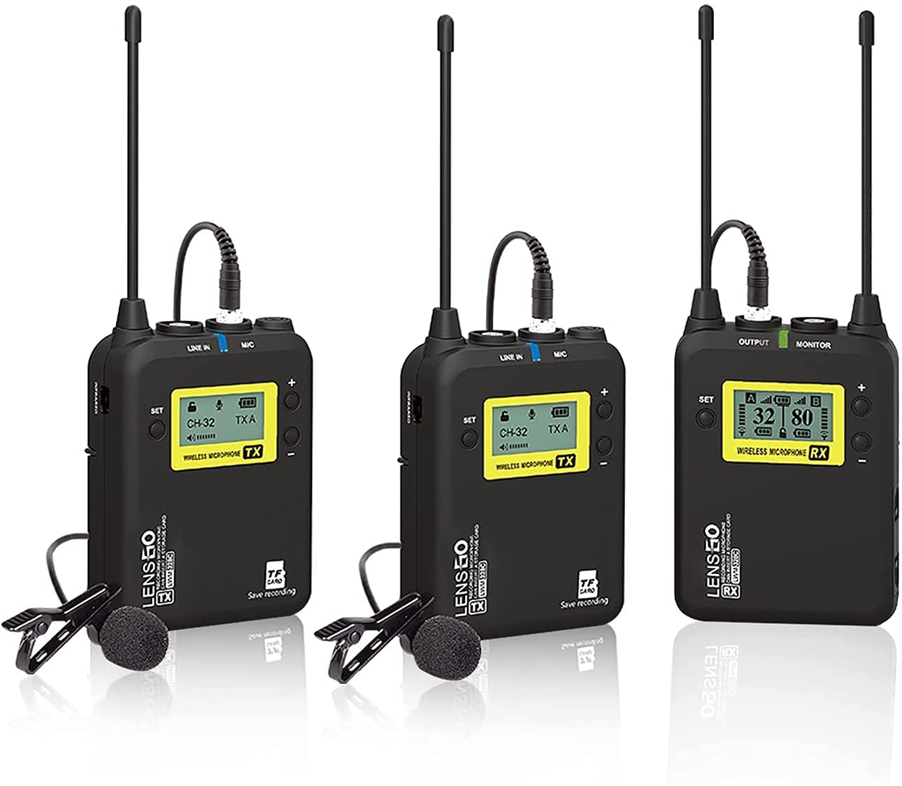 LENSGOLWM-328C Wireless Microphone System, 99-Channel UHF Professional Omnidirectional Wireless Lavalier Lapel Mic with 2 Transmitter & 1 Receiver for All Smartphone Camcorder Canon Nikon DSLR Camera