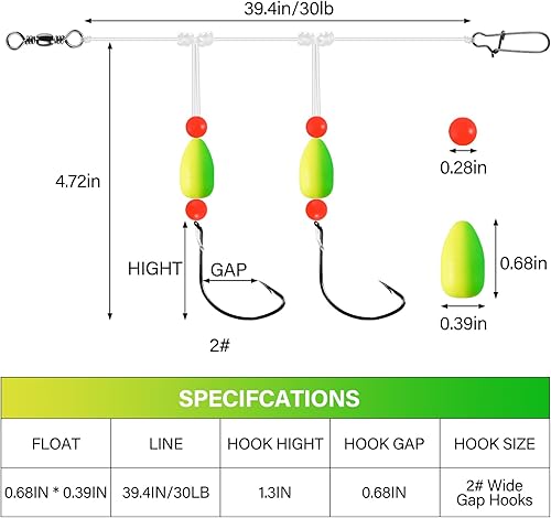 Miniatura 10 de Alwonder Paquete de 5 aparejos de pesca Pompano con flotadores Snell, aparejo giratorio de cebo vivo de agua salada, broches de presión de doble