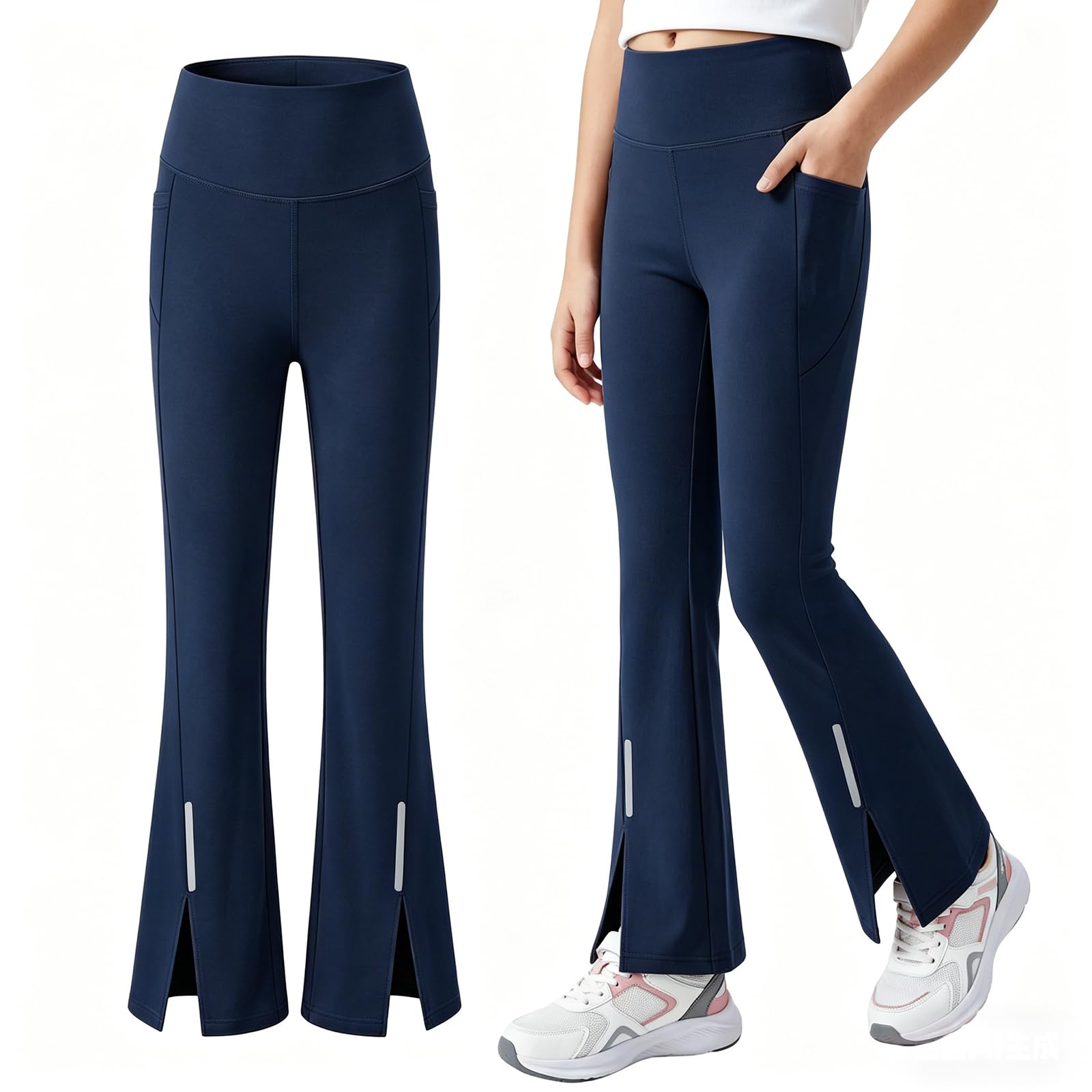 Mädchen Sportleggings mit UPF 50 Sonnenschutz Schlaghose mit Reflektierende Streifen und Taschen Flared Sporthose Atmungsaktiv Tanz Training Leggings Leicht Hosen für 7-15 Jahre
