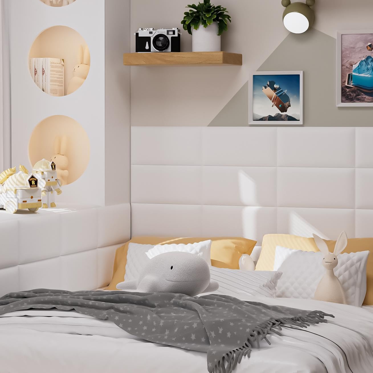 Duzzy 6Pcs Upholstered Wall Paddings, 3D Peel and Stick Headboard Panels for Wall, Anti-Collision Wall Paddding Panels for Kids Room, Bedroom Decoration 6 White