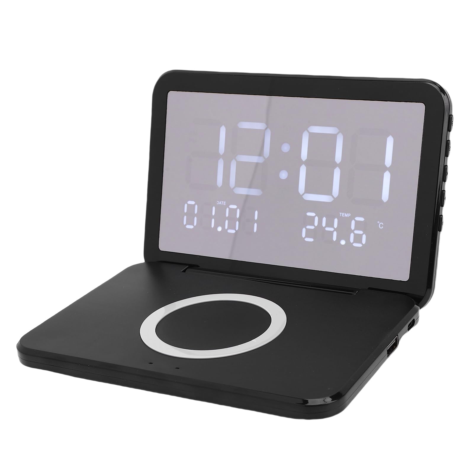 Orologio con Ricarica Wireless, Design Pieghevole con Specchio LED, Caricabatterie Rapido da 15 W per la Scrivania 'ufficio della Camera da Letto (BLACK)