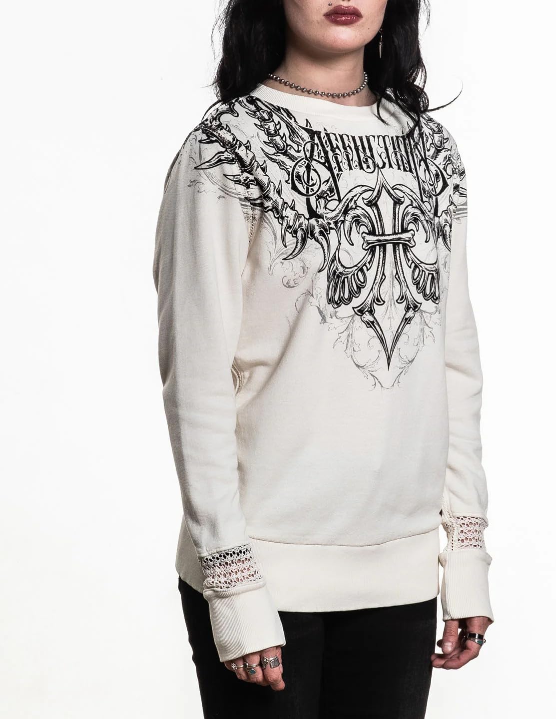 Affliction Women's Gothic 2FER T-Shirt with Mesh Sleeves, Black, Ornate Silver Print Design, Long Sleeve