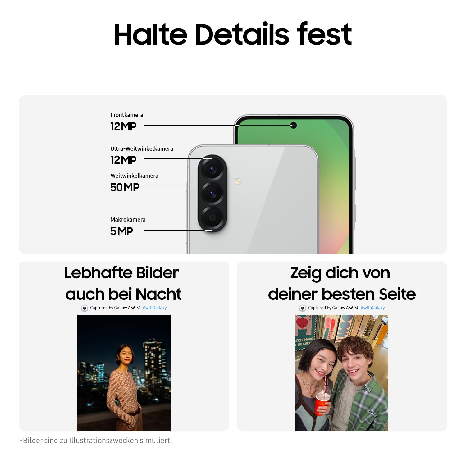 Samsung Galaxy A56 5G AI Smartphone ohne Vertrag, Simlockfreies AI Handy mit Android, 8 GB RAM, 128 GB Speicher, 50-MP-Kamera, Awesome Graphite, 2,5 Jahre Herstellergarantie [Exklusiv auf Amazon]
