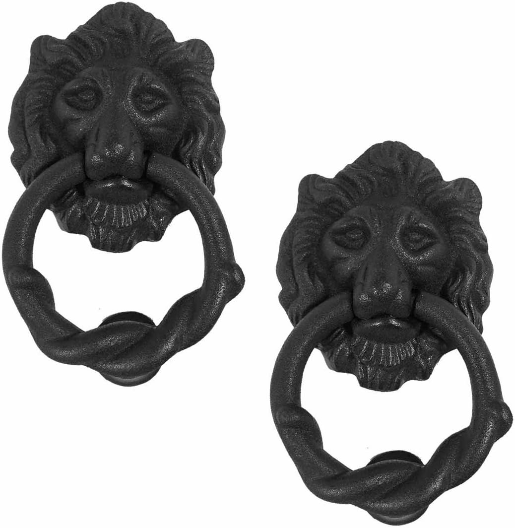Renovators Supply Manufacturing Solid Cast Iron Lion Front Door Knocker 6 H Decorative Antique Lion Ring Style Front Entry Door Vintage Metal Knockers Rust Resistant Finish with Hardware Pack of 2