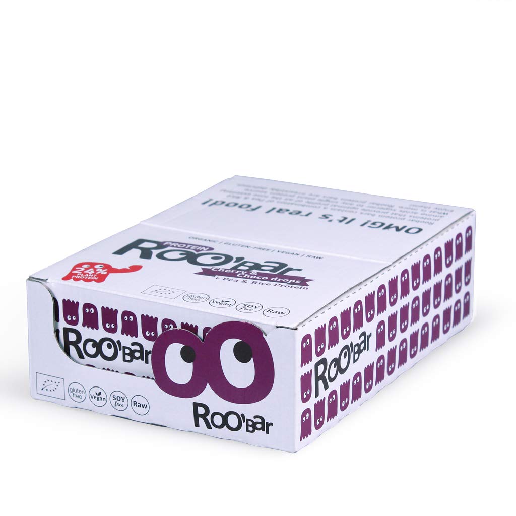 Roobar Protein Kirsche & Schokodrops - 100% Bio, Vegan Proteinriegel, Milchfrei & Glutenfrei 16 x 40g Protein-Riegel in einer Box