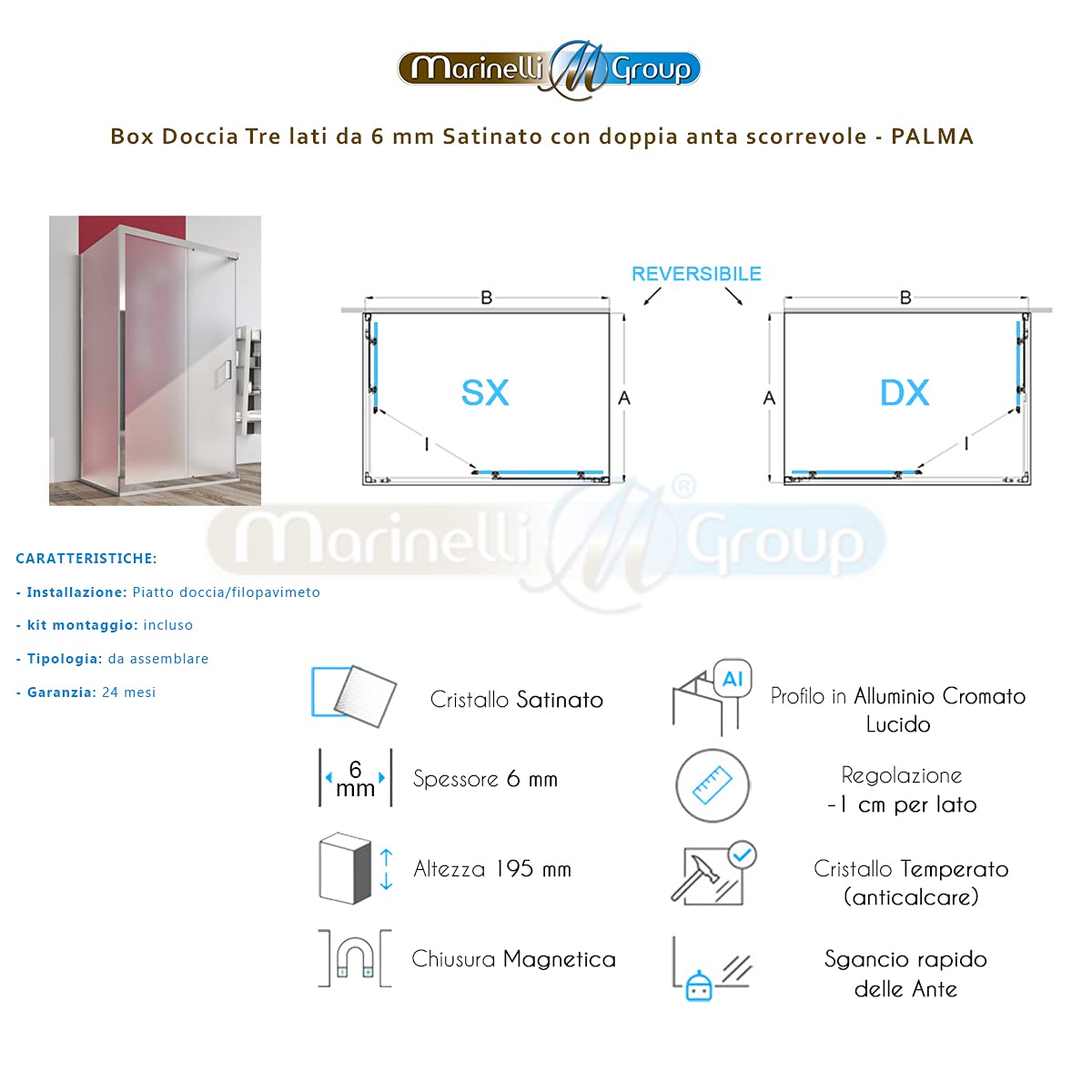 Box doccia cabina 3 tre lati 80x100x80 cm porta scorrevole vetro anticalcare opaco 6mm. Palma