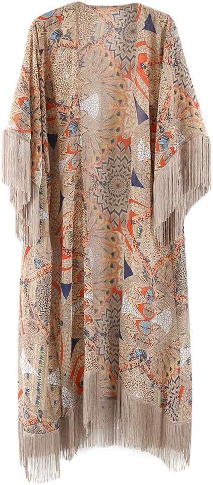 Womens Summer Half Sleeve Chiffon Cardigan Boho Retro Geometric Floral Printed Fringed Tassels Patchwork Bikini Cover Up Ankle Length Kimono Cape