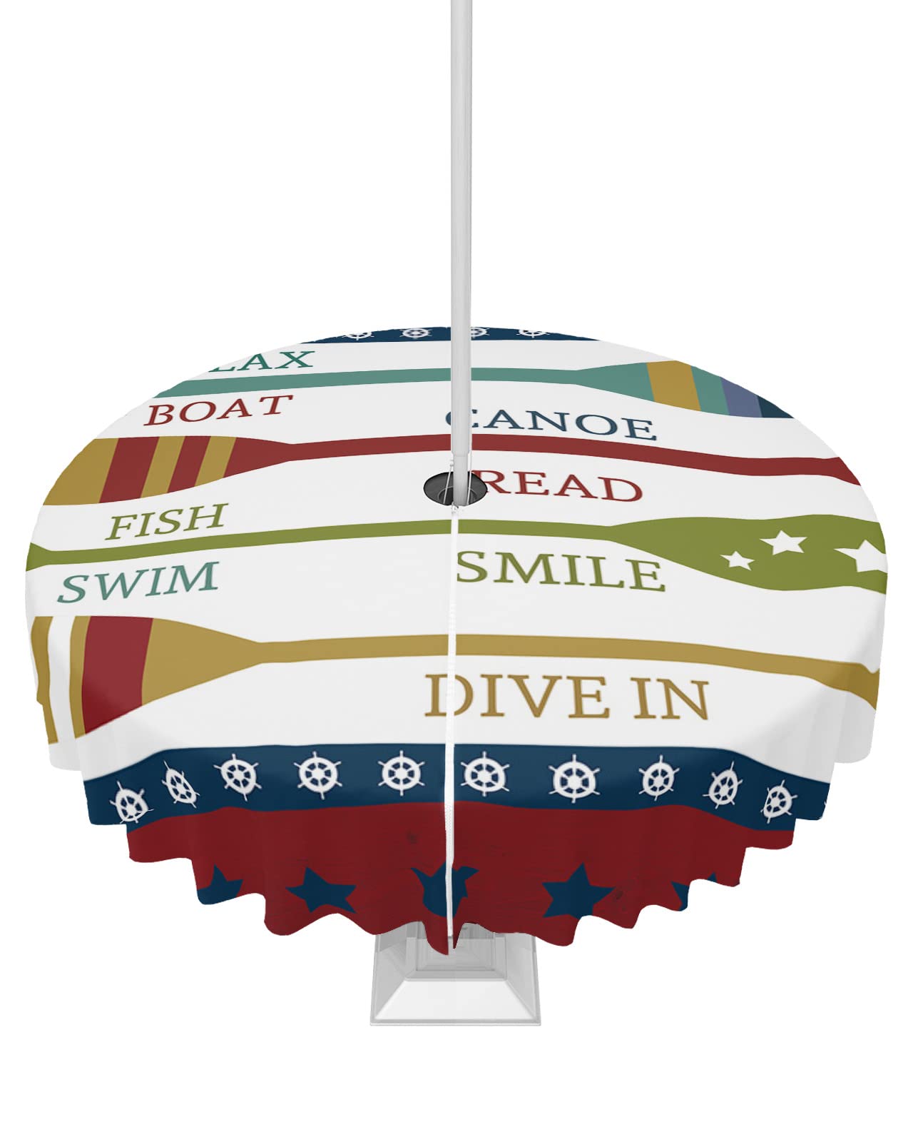 HERBED Round Outdoor Table Cloth 60 Inch Summer Lake Rules Colorful Paddle Tablecloth with Umbrella Hole, Zipper Table Cover Waterproof Stain Resistant Tablecloths for Patio Party Picnic