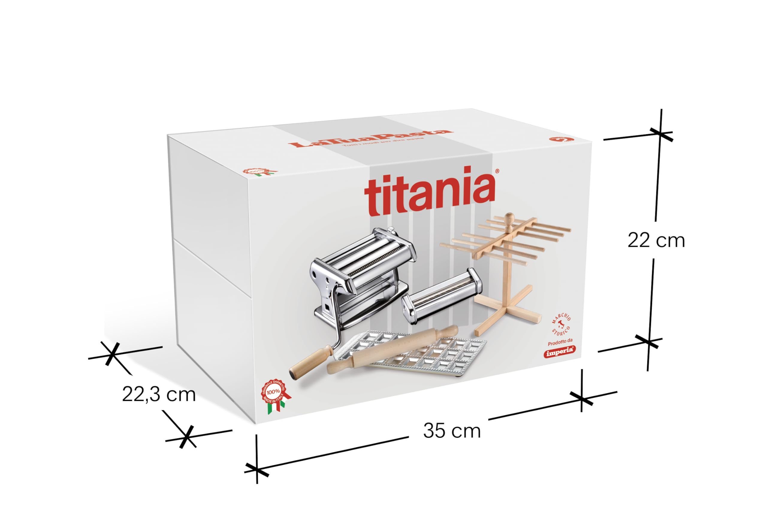 Imperia La Tua Pasta Titania. Nudelmaschinen-Geschenkset mit Zubehör. 100% Made in Italy. Set bestehend aus frischer Nudelmaschine, Ravioliform, Nudelschneider, Nudelverteiler und Nudelholz.