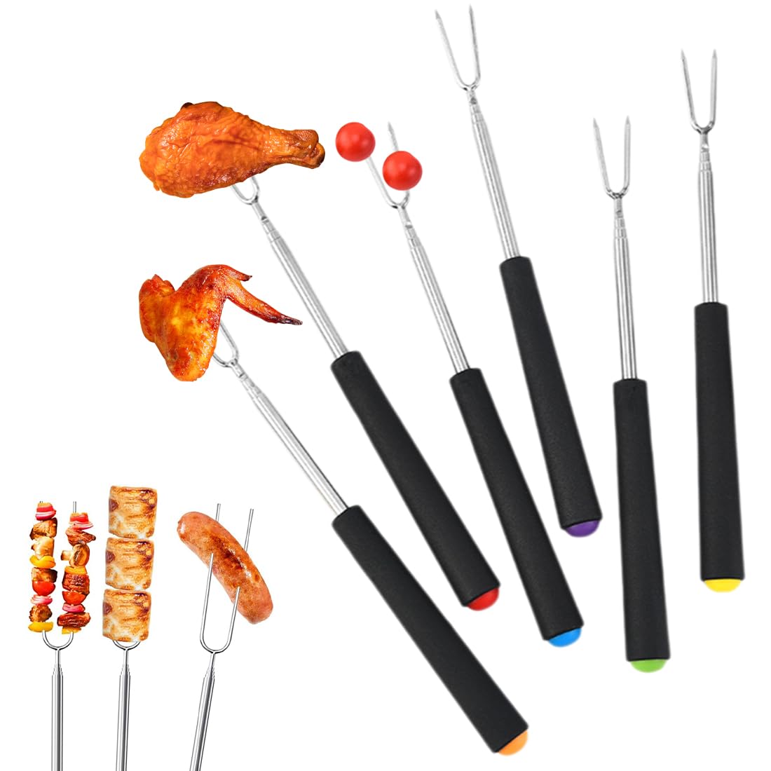 6 Pezzi Spiedini Telescopici per Marshmallow, Bastoncini per Arrostire, Forchettone Barbecue Spiedini Acciaio Espandibile con Manici Isolati, Forchette Tostare per Campeggio Falò (estendibile)
