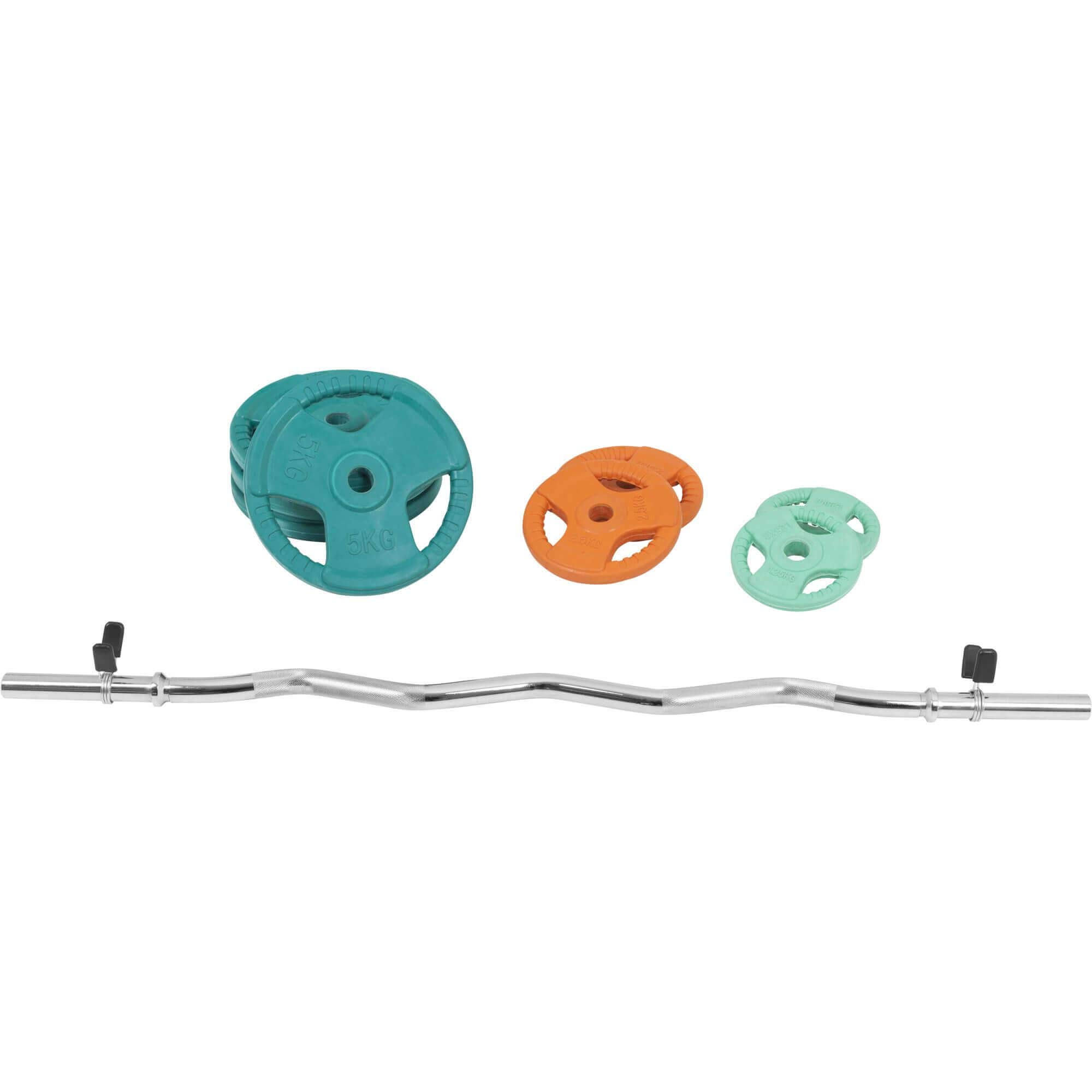 GORILLA SPORTS® Hantelset 35 kg mit SZ-Curlstange 120 cm, 30 mm, verchromt | 8 gummierte Gusseisen-Hantelscheiben, gerändelte Griffe und 2 Feder-/Sternverschlüsse, bodenschonend und rutschfest