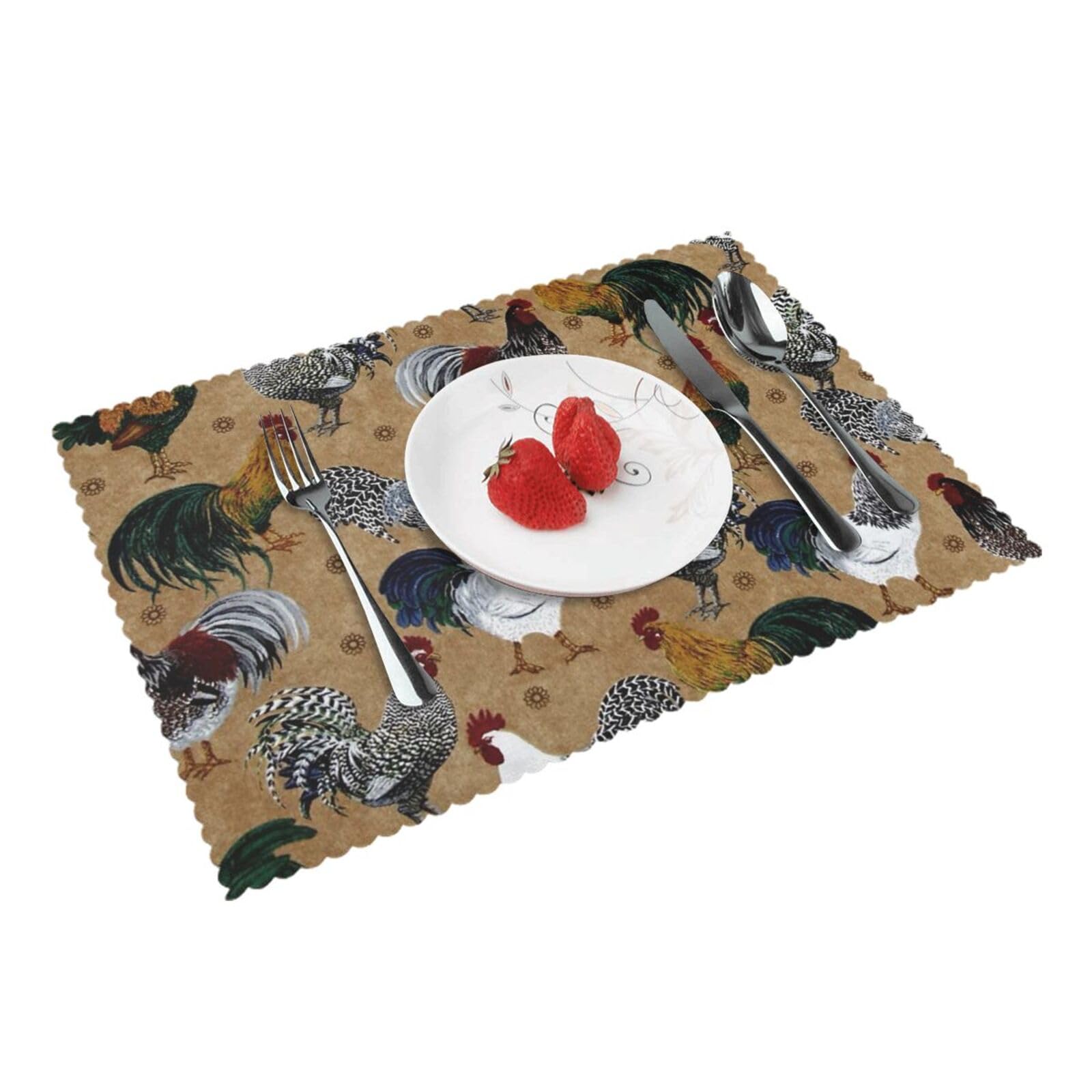 4 PCS Heat Resistant Placemat 45x30 CM, Rooster and Chicken Print Printed Non-Slip Place Mats for Kitchen Dining Table Indoor Outdoor