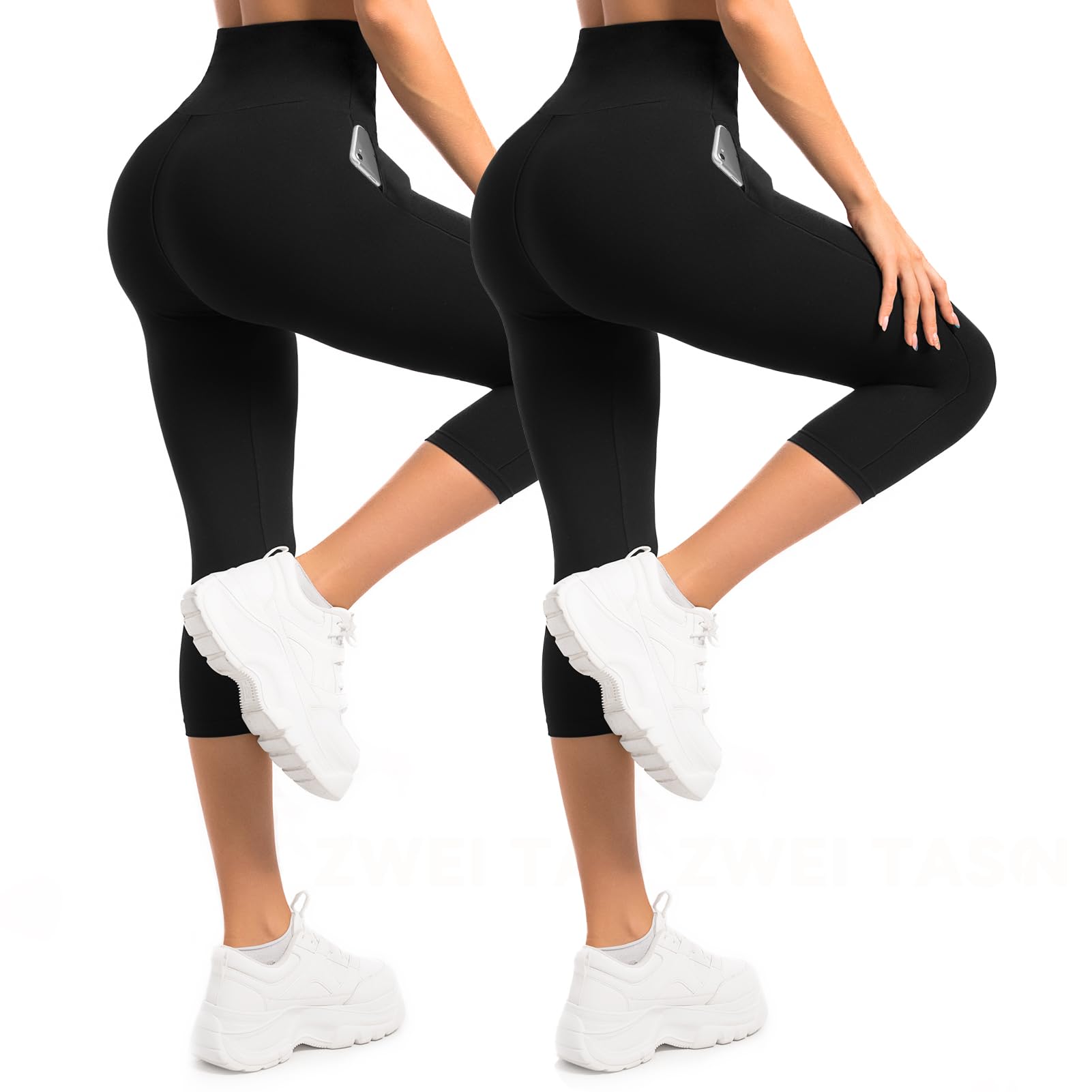 Sanpetix Damen 3/4 Leggings mit Taschen, 2er Pack Capri Leggings mit hoher Taille für Damen, butterweiche, elastische Hosen für Workout, Fitnessstudio und Yoga
