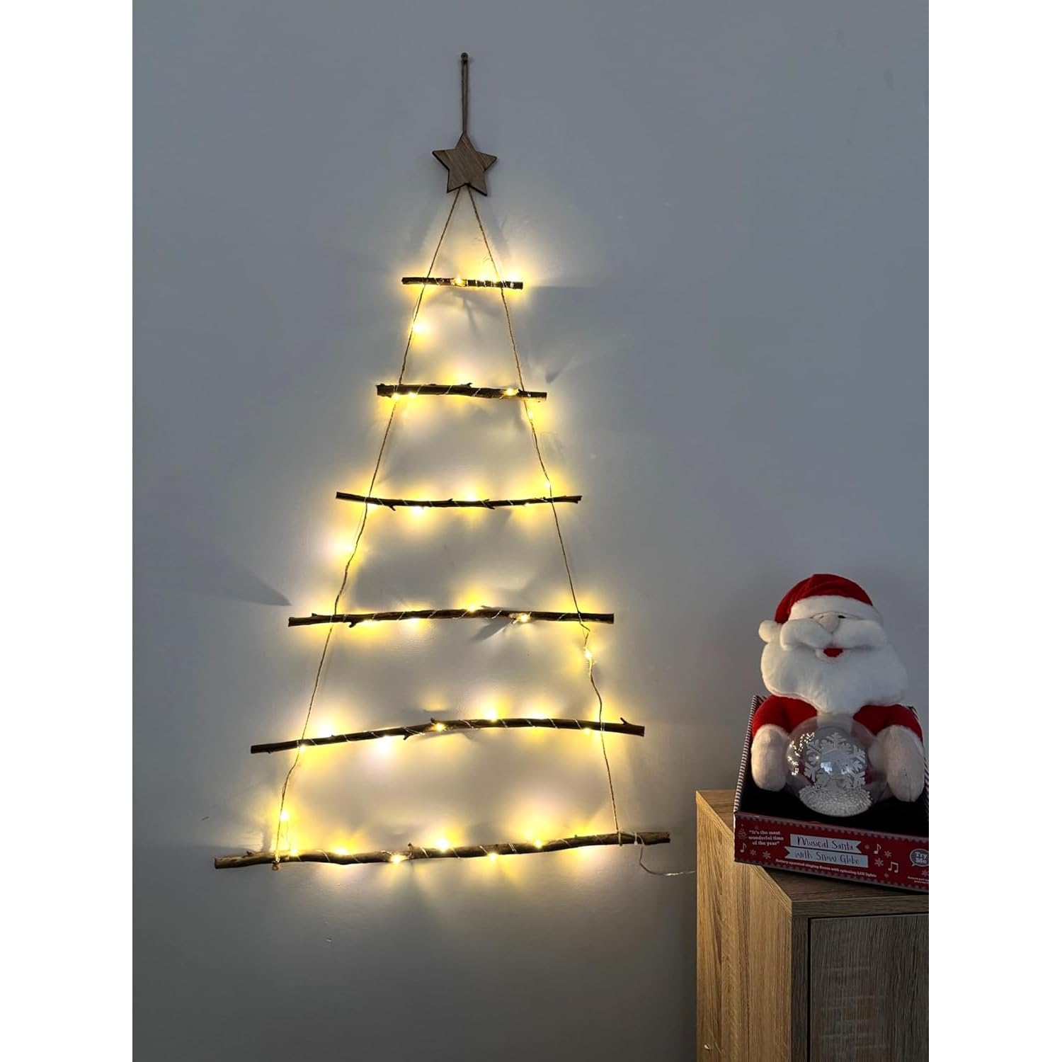 Y Homeware Natural Wood Yorkshire Homeware Lit Twig Wall Christmas Tree Light | Christmas Decoration Gift Present With 40 Led Warm White Led Lights | Small Wooden Ladders For Decoration | Wall Hanging Ornament (Natural Wood)