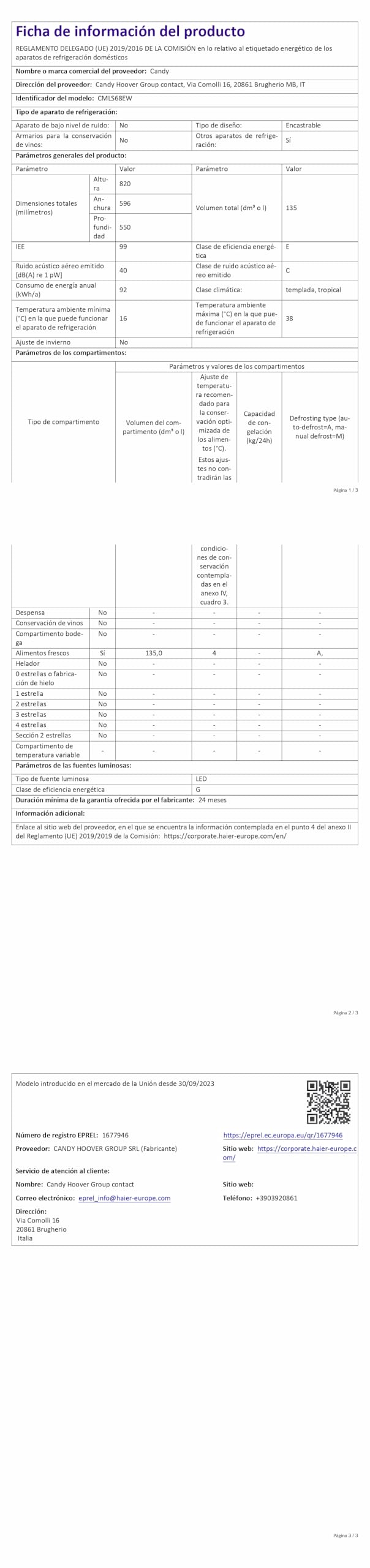 Candy CM4SE68W - Frigorifero da incasso con congelatore, porta a traino, 16 litri, 2 ripiani in vetro