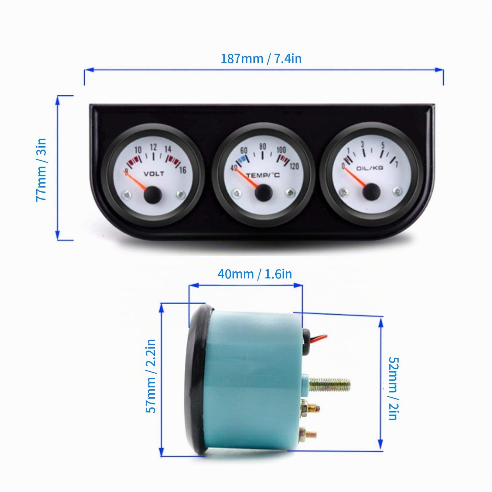 Qiilu Kit Triple Jauge de Pression D'huile Volt Jauge de Température de L'eau 52 Mm Jauge de Température de L'eau Pression D'huile Voltmètre électrique Ensemble D'instruments pour Voiture Camion Marin