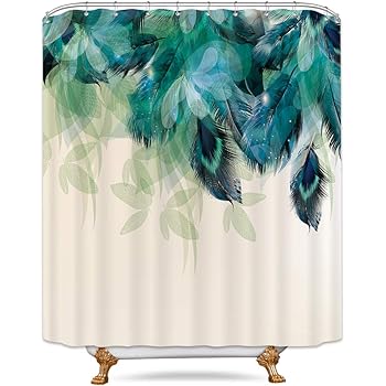 Amazon Com Riyidecor Watercolor Peacock Feather Shower Curtain Teal Blue Turquoise Floral Green Leaf Bathroom Home Decor Set Panel Fabric Woman Waterproof Bathtub 72x84 Inch Included 12 Pack Plastic Shower Hook Home Kitchen