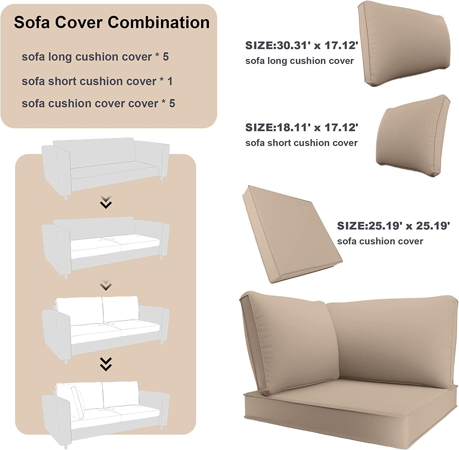 Kullavik Outdoor Patio Cushion Cover,Washable Furniture Cover,Smooth and Thick Zipper Cover, Polyester Fabric Cover, Suitable for Replacement Sofa Seat,Sand (Slipcover Only)