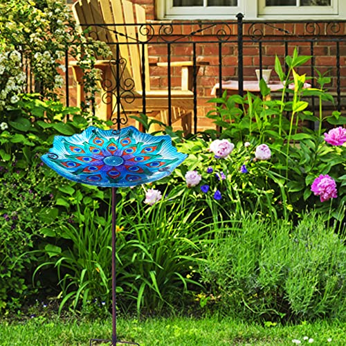 Meetjoyancy Bird Bath, Glass Bird Baths Bowl Detachable, Bird Feeders Bowl With Metal Stake, Standing Birdbath For Outdoor Garden-Peacock Blue #TOP6