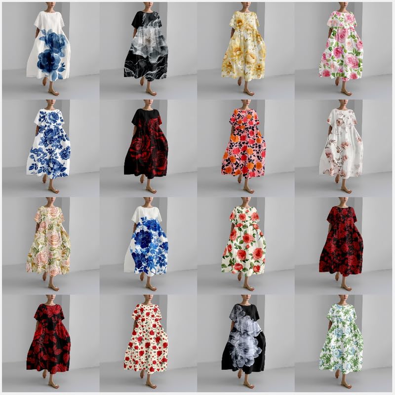 MARSVOVO Boho Maxi Dress for Women 2024 Summer Retro Rose Print Oversized Short Sleeve Western Art Painting Style Dress - Image 3