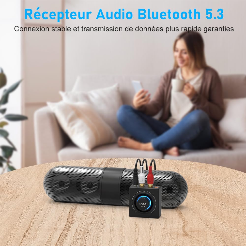 YMOO Recepteur Bluetooth 5.3, RCA 3,5 mm Jack AUX Adaptateur Bluetooth SBC AAC,Stereo Audio HiFi Receiver pour Smartphone, Tablette, Ordinateur Portable, Enceinte Home Cinema,100ft