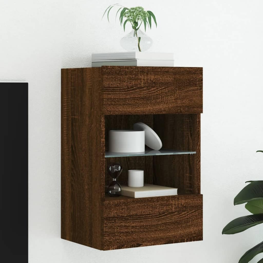 Wandschrank met LED Verlichting, Bruin Eiken, 40x30x60,5 cm - Zwevend TV Meubel met RGB LED, Opbergkast voor Woonkamer, Slaapkamer, Wandgemonteerde Multimedia Kast met Glazen Plank